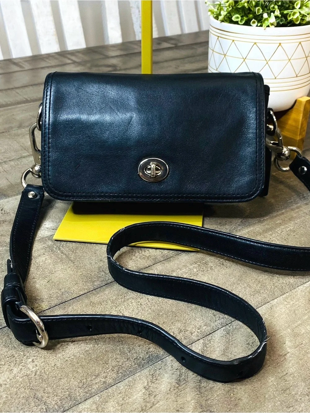 Coach Legacy Leather Penny Crossbody Bag Black Silver Turnlock Flap Purse 19914